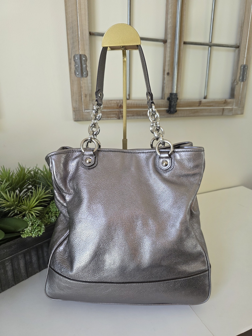 Coach Poppy Pushlock Metallic Leather Tote Y2K Silver Gray - Picture 9 of 16